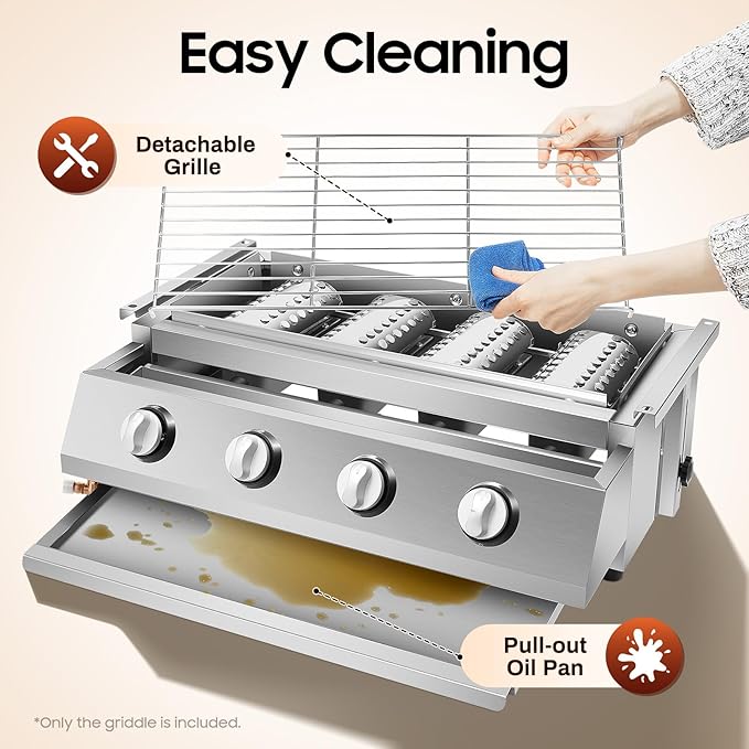 Gas BBQ Grill, Tabletop Outdoor Barbecue Grill with Food Tray Adjustable Height & 4 Independent Temp Control, Portable Stainless Steel Cooking BBQ Griddle For Camping Gatherings and Outdoor Activities