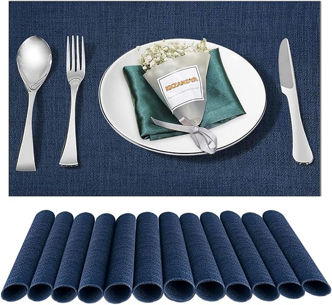 Placemats Set of 12,Washable,Heat and Stain Resistant Indoor/Outdoor Place mats,Vinyl Woven Non Slip Table Mats for Restaurant Table Protection,PVC Placemats(Navy Blue,12PCS)