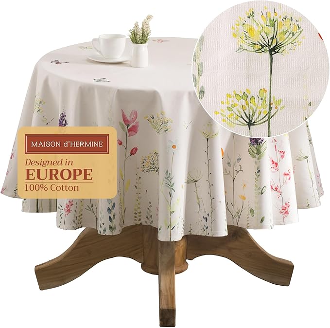 Maison d' Hermine Table Cloth Round Table 100% Cotton 69 Inches Tablecloth Reusable Decorative Everyday Use for Dining Room, Farmhouse, Home, Party, Festive & Wedding Spring Summer - Botanical Fresh
