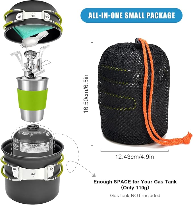 Odoland Camping Cookware Stove Carabiner Canister Stand Tripod and Stainless Steel Cup, Tank Bracket, Fork Spoon Kit for Backpacking, Outdoor Camping Hiking and Picnic