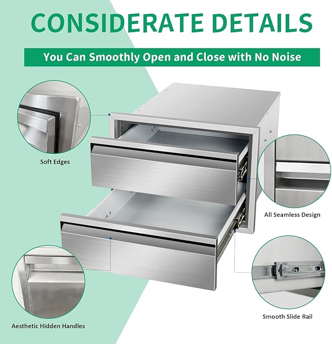 Outdoor Kitchen Drawers 18" W x 13" H x 21" D Stainless Steel Double Drawers with Hidden Handle for BBQ Island, Patio Grill Station & Outdoor Kitchen Cabinets