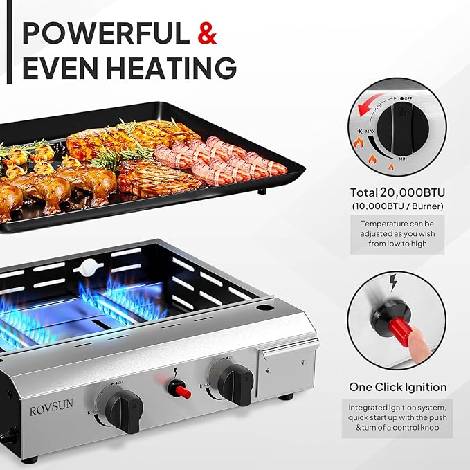 ROVSUN 2 Burner Portable Propane Griddle with Electronic Ignition & Regulator, 20,000 BTU Tabletop Flat Top Gas Grill with Nonstick Enameled Tray for Outdoor Cooking Camping BBQ Tailgating Picnicking