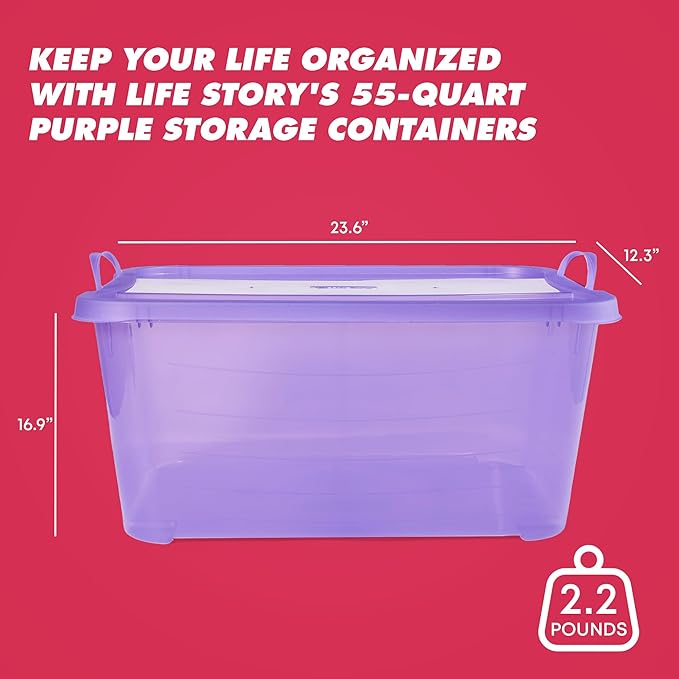 Life Story 6 Pack Light Duty Stackable Storage Bin, 55 Quart Home Organizer, Versatile Lightweight Locking Bins with Carrying Handles, Purple