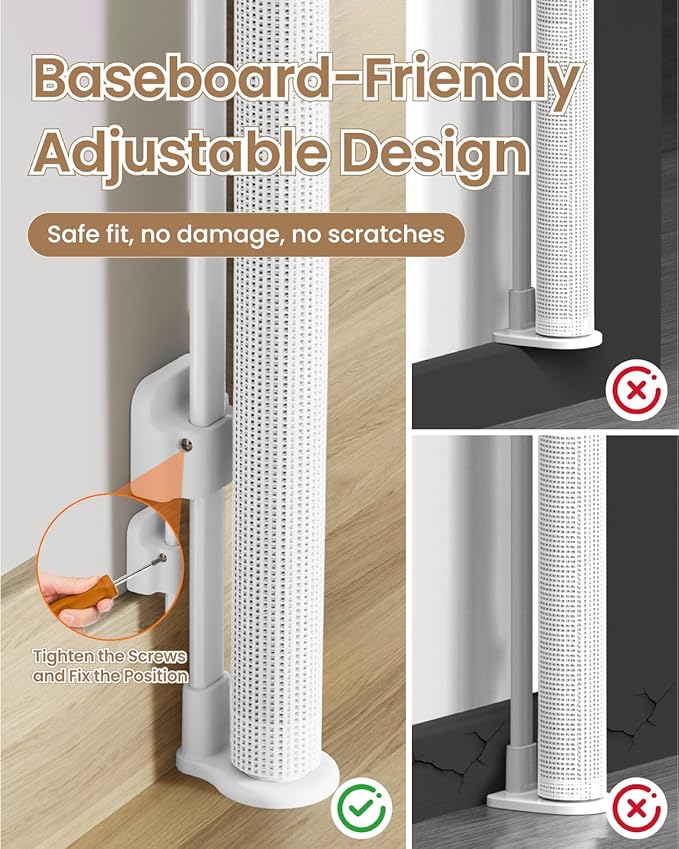 Upgraded Retractable Baby Gate - 71" Wide 34" Tall Mesh Child Safety Gate with High-Density Reinforced Rods, Easy One-Hand Operation Retractable Dog Gate, Fits Baseboards, White