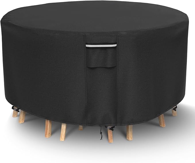 Round Patio Furniture Covers, 500D Heavy Duty Waterproof UV Resistant Cover for Round Outdoor Dining Table & Chairs,96" Dia x 28" H -Black