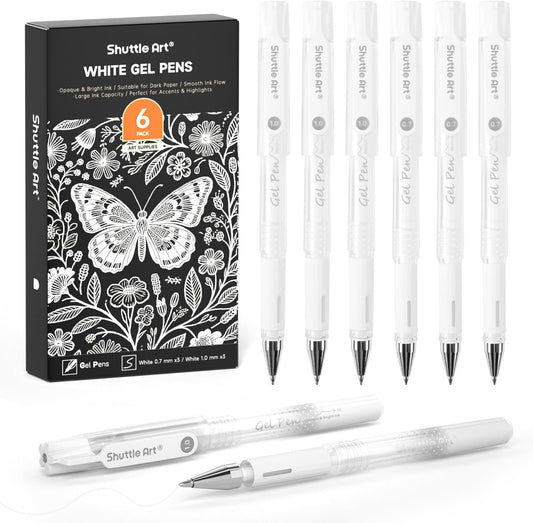 Shuttle Art White Gel Pens, 6 Pack 0.7mm, 1.0mm Gel Ink Pens Fine Point for Black Paper Highlighting Card Making Scrapbooking Coloring Writing Drawing Journaling Note Taking School Office Home