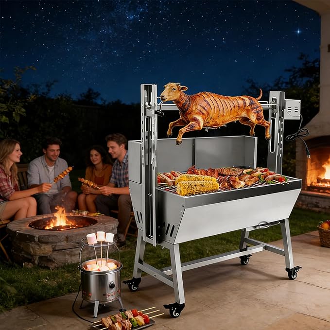 Electric Rotisserie Grill Kit with Windscreen, Large Charcoal Grill with Motor, Stainless Steel Automatic Pork Grill & Outdoor Lamb Goat Roaster, 132 Lbs Capacity for Camping Outdoor