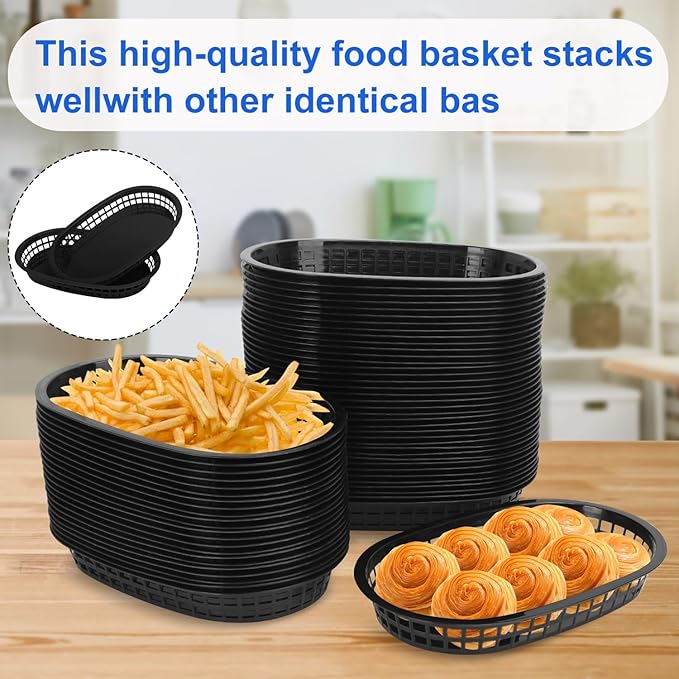 60 Pack Black Fast Food Baskets, 10.6 x 6.7 Inch Oval Black Plastic Food Baskets for Burgers, Fries, Sandwiches, Hot Dogs, Barbecues, Picnics, Parties, Durable and Safe