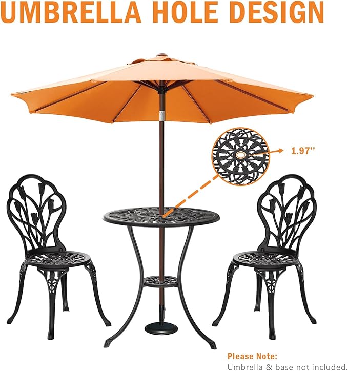 Outdoor Bistro Table and Chairs Set of 2, 3 Piece Patio Bistro Set w/Umbrella Hole, Rust-Resistant Cast Aluminum Bistro Set for Garden/Balcony/Backyard, Black