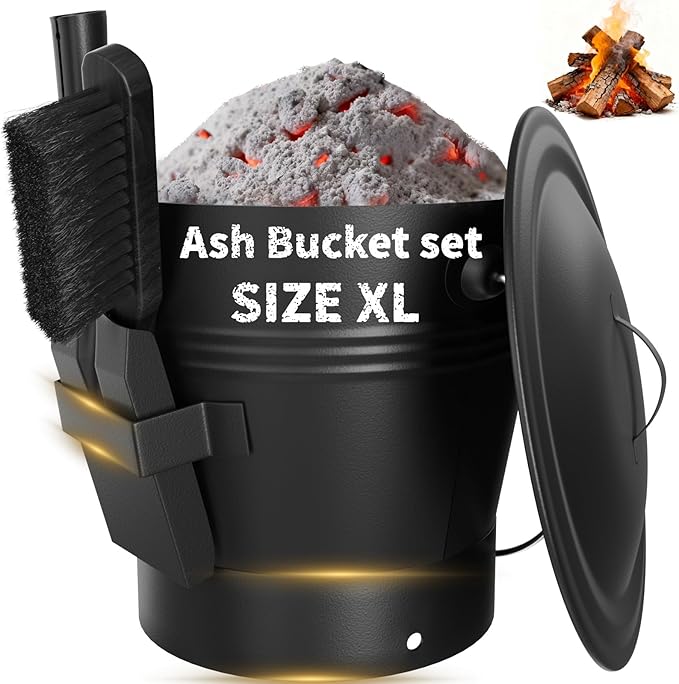 AMAGABELI GARDEN & HOME XL 3-Gallon Metal Ash Bucket with Lid Shovel Broom for Coal Ash Can Fire Pit Charcoal Fireplace Bucket Essential Tools for Indoor Outdoor Wood Burning Stove Hearth Accessories