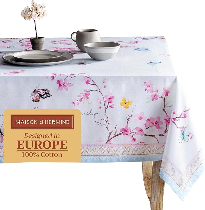 Maison d' Hermine Table Cloth Rectangle Table 100% Cotton 70 x 108 Inches Tablecloth Reusable Decorative for Dining Room, Farmhouse, Home, Party, Festive & Wedding Spring Summer - Blossoms in Spring