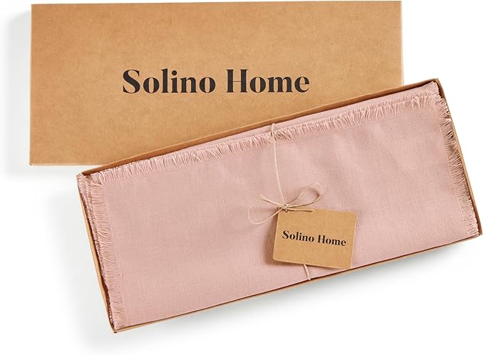 Solino Home Linen Misty Pink Table Runner 36 Inches - Fringe, 100% Pure Linen Short Table Runner 14 x 36 Inch Ideal for Dresser and Coffee Tables, Valentines, Spring, Easter