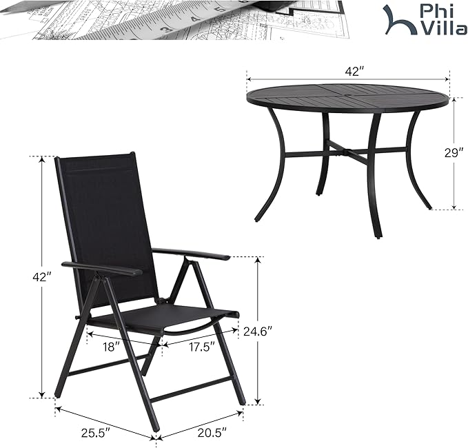 PHI VILLA Outdoor Patio Dining Set for 4, 42 Inch Round Patio Table Set with 4 Adjustable High Back Folding Patio Sling Chairs, Black