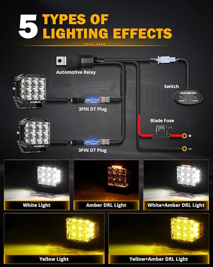 Auxbeam V-MAX Series LED Pod Lights, 7 Inch Offroad Driving Cube Lights with Amber DRL& Backlight, 228W Super Bright Spot Flood Combo Beam Universal Auxiliary Ditch Light with Amber Cover, 2PCS