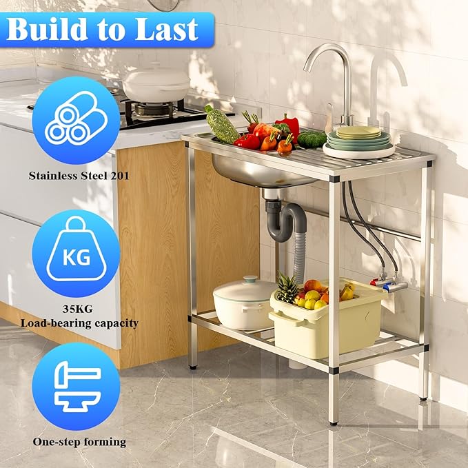 Stainless Steel Utility Sink with Cabinet, Outdoor Sinks Station for Patio & Camping, Kitchen and Cabinet Combo Stainless Steel