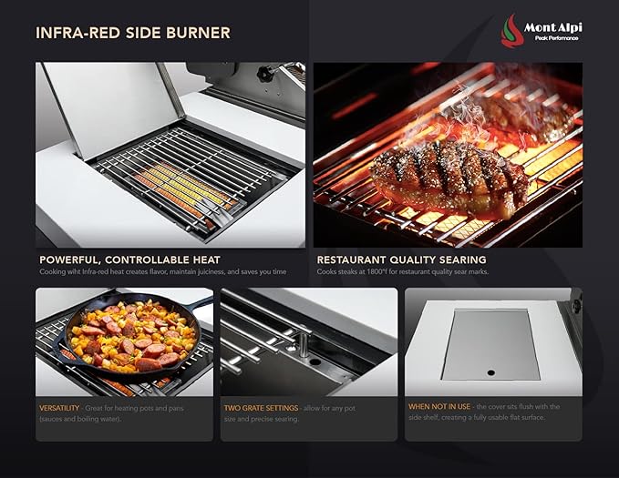 Mont Alpi MAi805-BSS45 44-inch 6-Burner 115000 BTU 45 Degree Black Stainless Steel Gas Outdoor Kitchen Bar Island Grill w/Infrared Side & Rear Burners + Granite Countertops + Storage Drawers