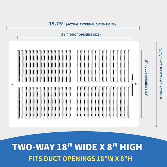 18x8 Vent Register [Duct Opening], Vent Covers for Home Ceiling, Two-Way Ventilation Register, Adjustable Solid Steel Wall Register Vent Cover (18"W x 8"H [Duct Opening])