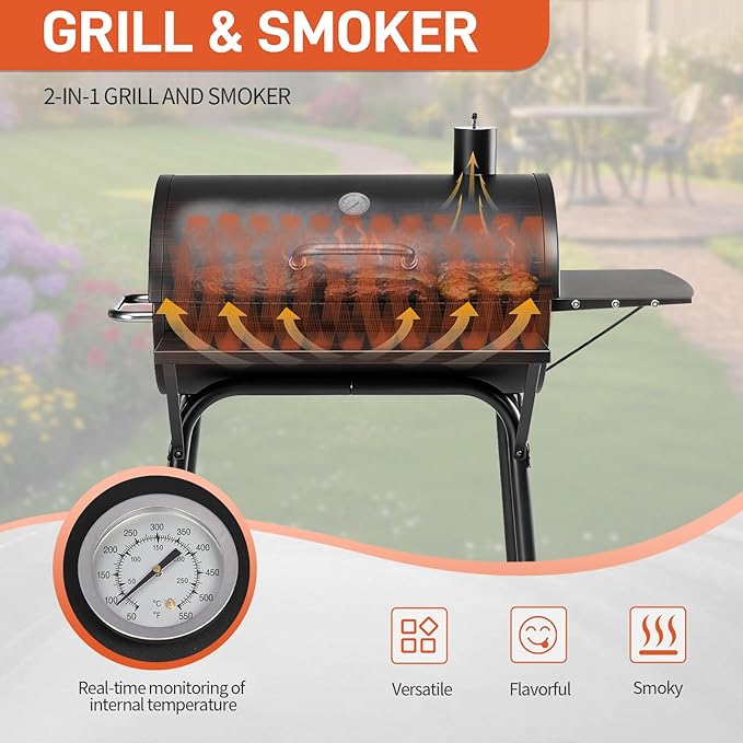 Outvita Barrel Charcoal Grill with Warming Rack, Outdoor BBQ Grill with Side Front Table with Nearly 564 Sq.In. Cooking Grid Area for Backyard Patio Picnic Parties Camping, Black
