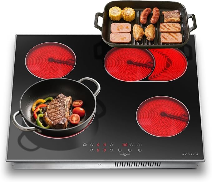 Noxton 24 Inch Electric Cooktop, 4 Burners Ceramic Glass Stove Top with Dual and Oval Expandable Zones, Stainless Steel Frame, Timer, Child Lock, 240V Hardwired