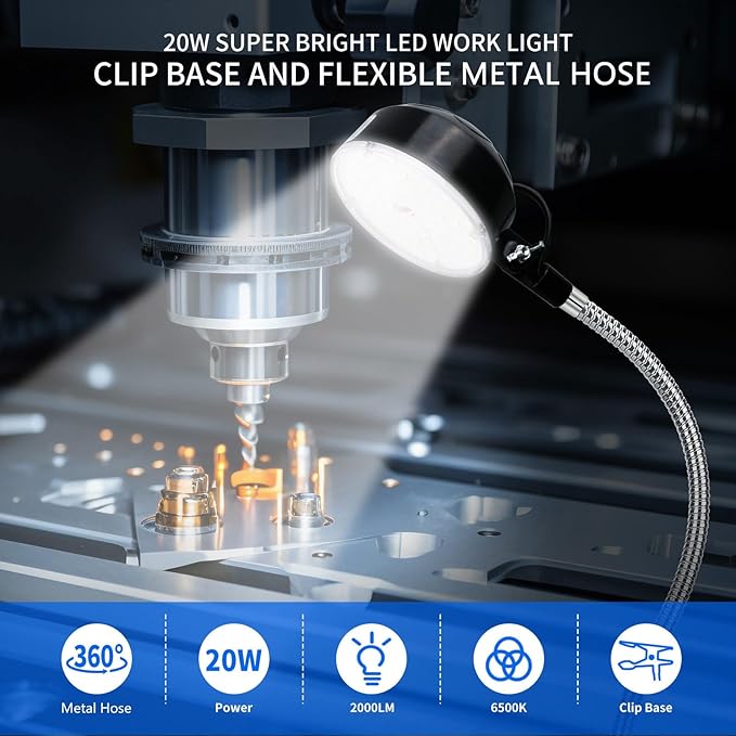 Clamp Light, LED Work Light with Flexible & Strong Clip for Workshop, Sewing, Lathe, Bandsaw, Workbench, Desk, Bright Small Area Task Lighting, 2000 Lumens, Silver
