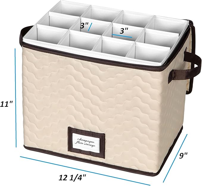 Wine Glass Storage Box with Dividers - Stemware Storage Case, Durable Quilted Microfiber Bin with Carry Handles, Protects Fine China - (1 Pack, Champagne Flute)