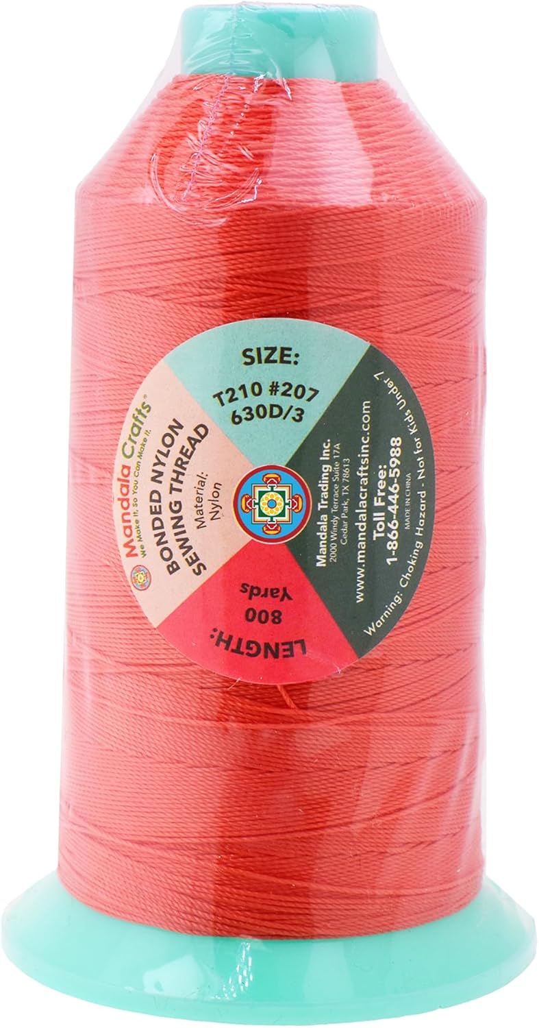 Mandala Crafts Bonded Nylon Thread Coral Heavy Duty Sewing Threads - 800 YDs Size 207 630D T210 Tex 210 Thread for Leather Jeans Weaving Outdoor Marine Upholstery Threads