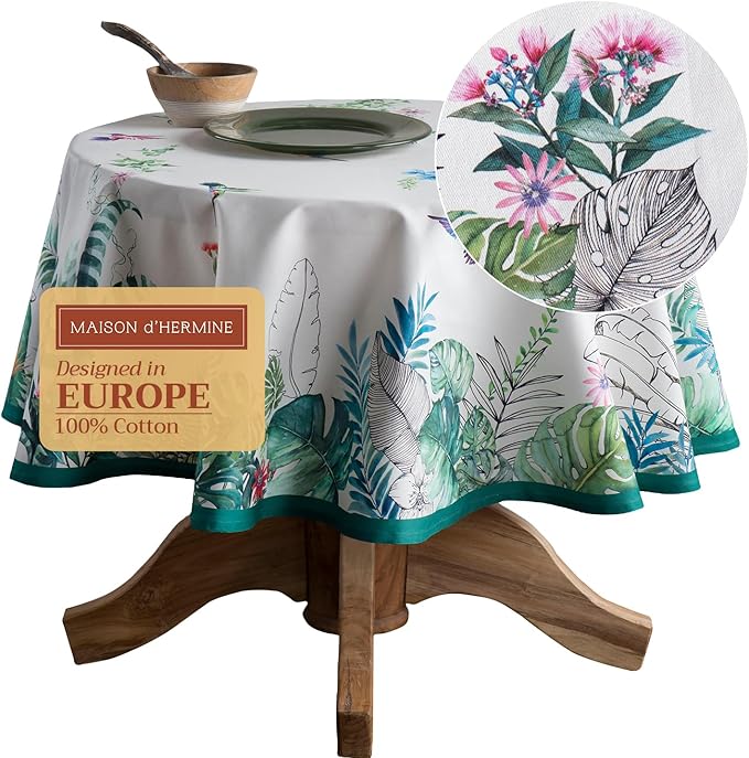 Maison d' Hermine Table Cloth Round Table 100% Cotton 63 Inches Tablecloth Reusable Decorative Everyday Use for Dining Room, Farmhouse, Home, Party, Festive & Wedding Spring Summer - Tropiques
