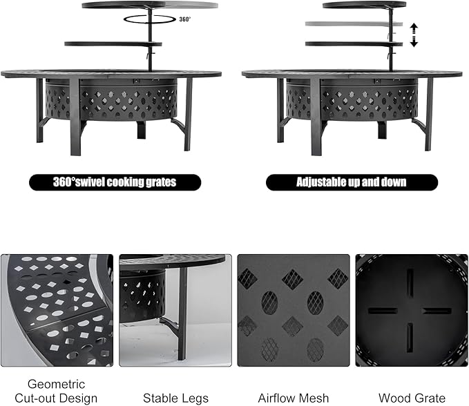 47 Inch Fire Pit with 2 Grills, Wood Burning Fire Pits for Outside with Lid & Poker, BBQ& Outdoor Firepit & Round Metal Table 3 in 1 for Patio, Picnic, Party