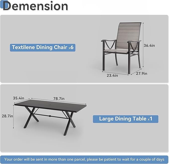 Kurapika 7-Piece Patio Dining Set, Patio Furniture Set for 6, Outdoor Large Metal Table with Umbrella Hole and Textilene Chairs, for Garden, Deck, Porch, Pool All Weather, Brown