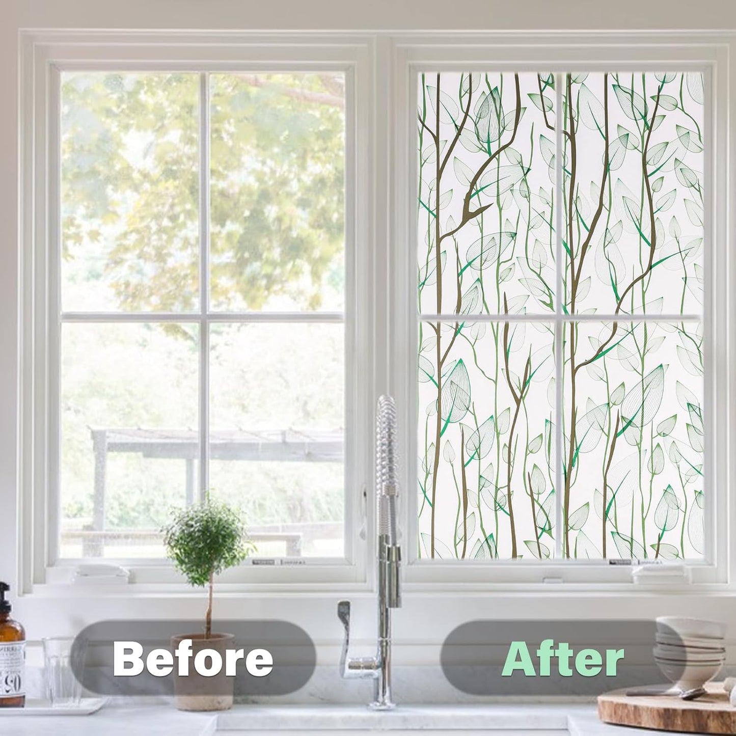 Donox Frosted Glass Window Film Heat Control UV Blocking, Static Cling Reusable Home Bathroom Door Window Privacy Film, Green Leaf Pattern Window Covering with Installation Tool, 23.6 in x 13.1 feet