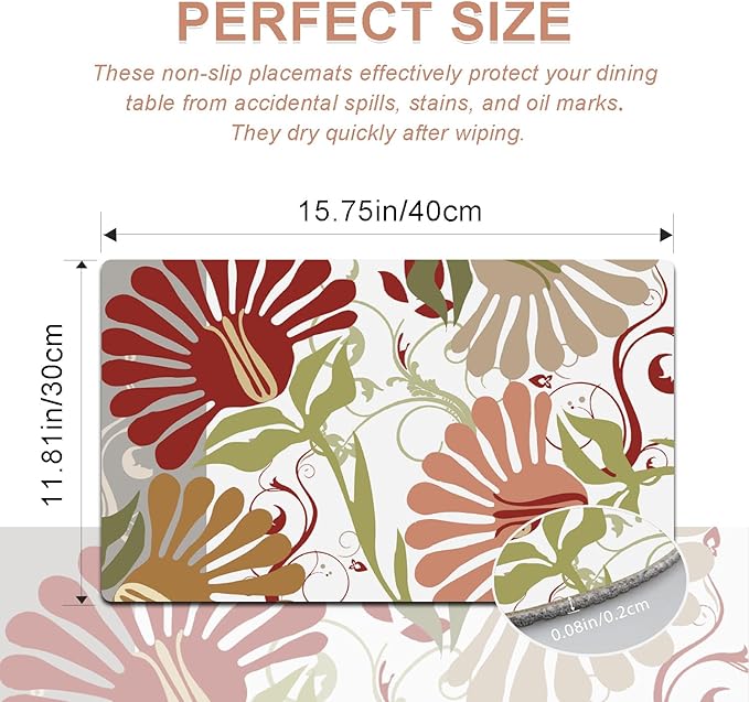 Flower Placemats Set of 4 - Spring Floral Faux Leather Heat Resistant Placemats for Dinner Table, Non-Slip Waterproof Oil-Proof Washable Reusable Placemat for Indoor Outdoor Kitchen, 15.75In*11.81In