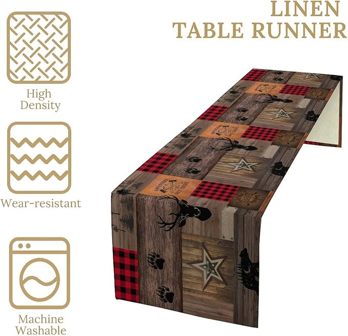 Vintage Bear Deer Table Runner, Rustic Western Farmhouse Hunting Theme Wildlife Animal Checkered Table Runner for Outdoor Dining Kitchen Camping Party 13x36in