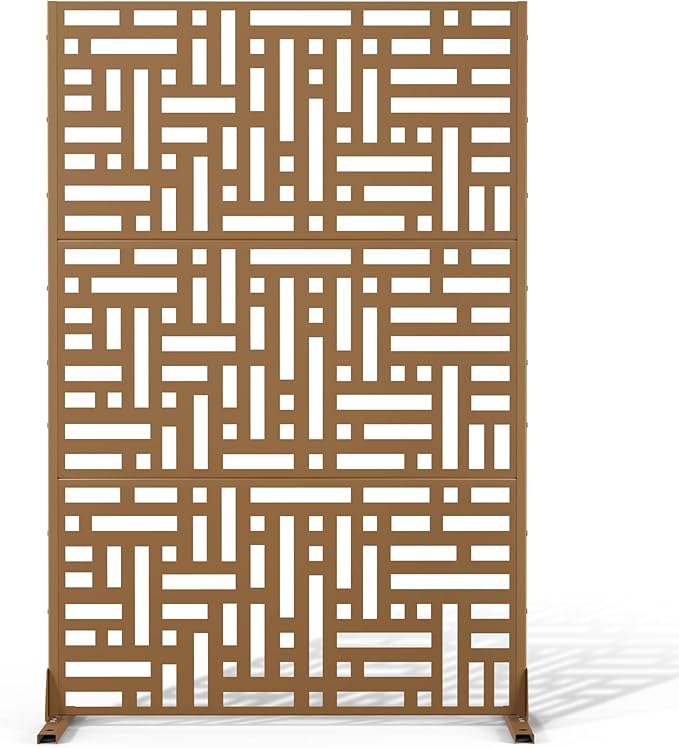 Metal Privacy Screen Outdoor 72" H×47" W,Freestanding Decorative Privacy Screen for Balcony Yard&Garden,Privacy Fence-Brown&Street