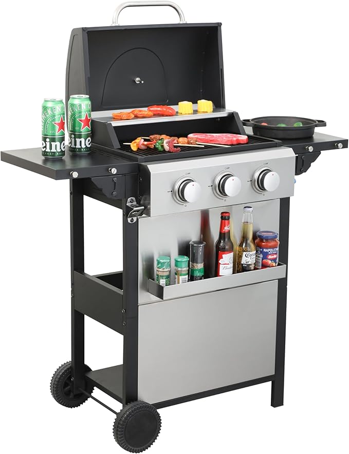 3-Burner Propane Gas BBQ Grill with Side Burner, 25650 BTU Output With Enameled Cast Iron Cooking Grids For Outdoor Barbecue, Stainless Steel