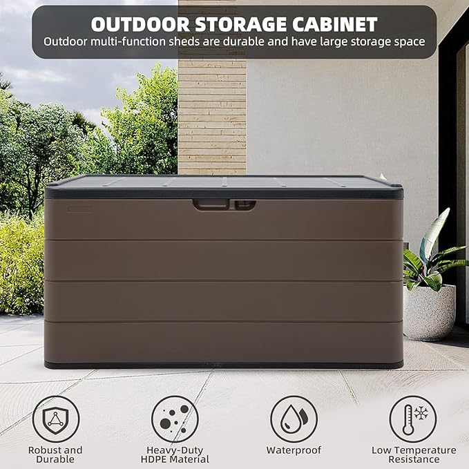 100 Gallon Plus Resin Deck Box, Waterproof Outdoor Storage Box for Patio Furniture, Garden Tools, and Pool Accessories, Lockable UV-Resistant Storage Bin Bench Cabinet for Outside, Brown