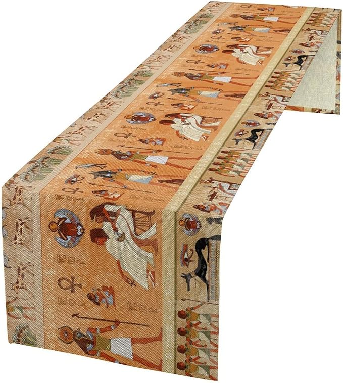 Ancient Table Runner, Mythology Egyptian Gods Pharaohs Antique Golden Hieroglyphs Print Pattern Table Runner for Dining Bedroom Kitchen Party Outdoor 13x60in