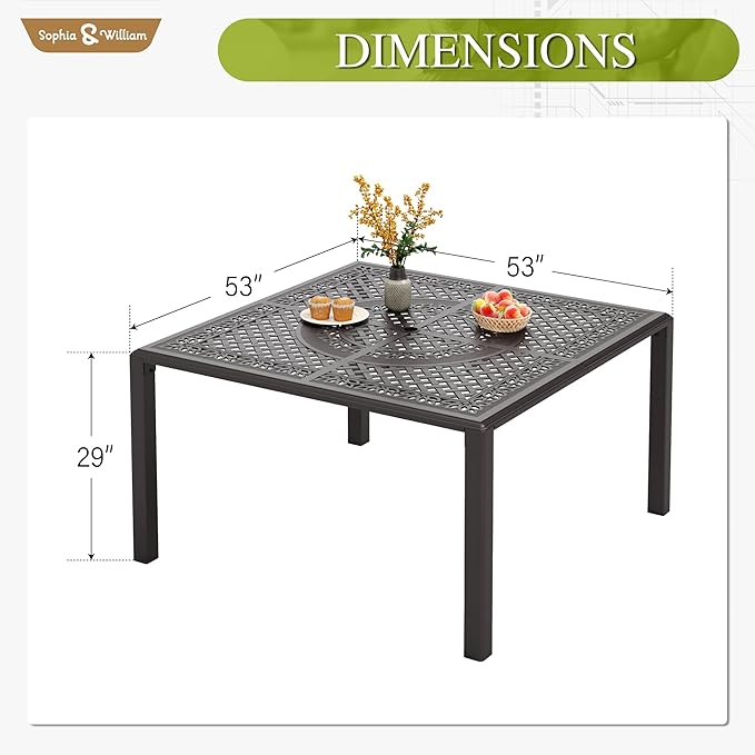 Sophia & William Outdoor Dining Table 4-Person Square Cast Aluminium, Patio Bistro Table with 2.2" Umbrella Hole for Porch Backyard, Bronze
