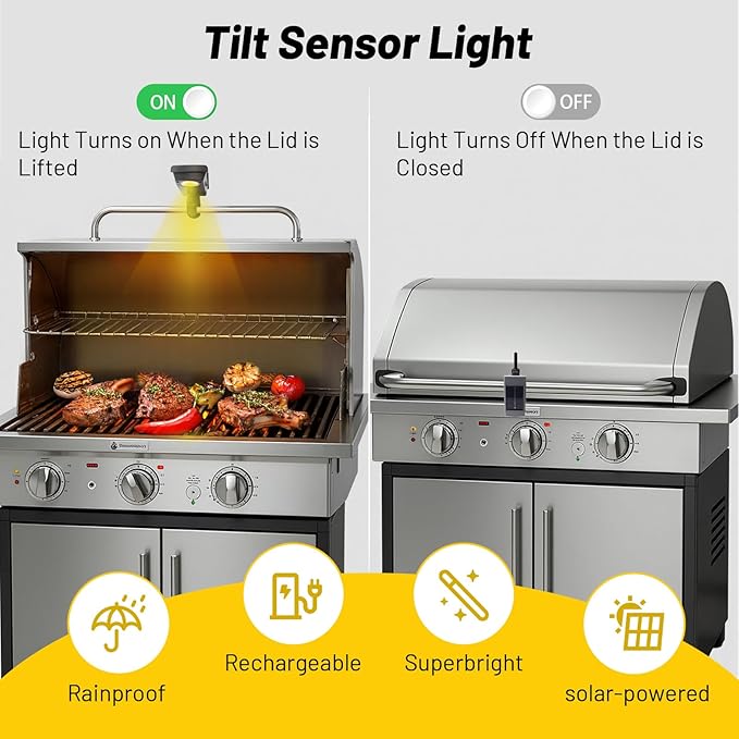 Grill Lights for Blackstone Weber Grills, USB-C Rechargeable Solar 360° Rotatable Automatic On/Off LED BBQ Light for Outdoor Barbecue, Waterproof Heat-Resistant Griddle Accessories