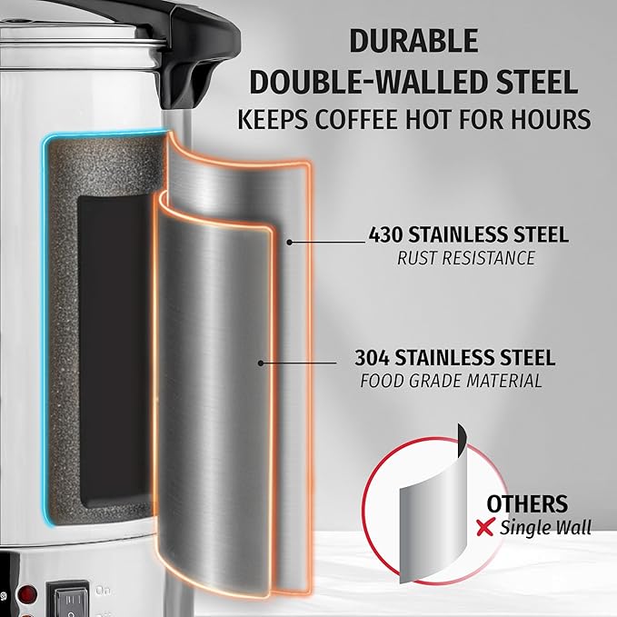 Zulay Commercial Grade 100 Cup Coffee Maker Hot Water Urn - Large Percolator Pot Dispenser With Double-Wall Stainless Steel, Quick Brew, Stays Hot for Tea & Beverage at Events & Catering - Silver