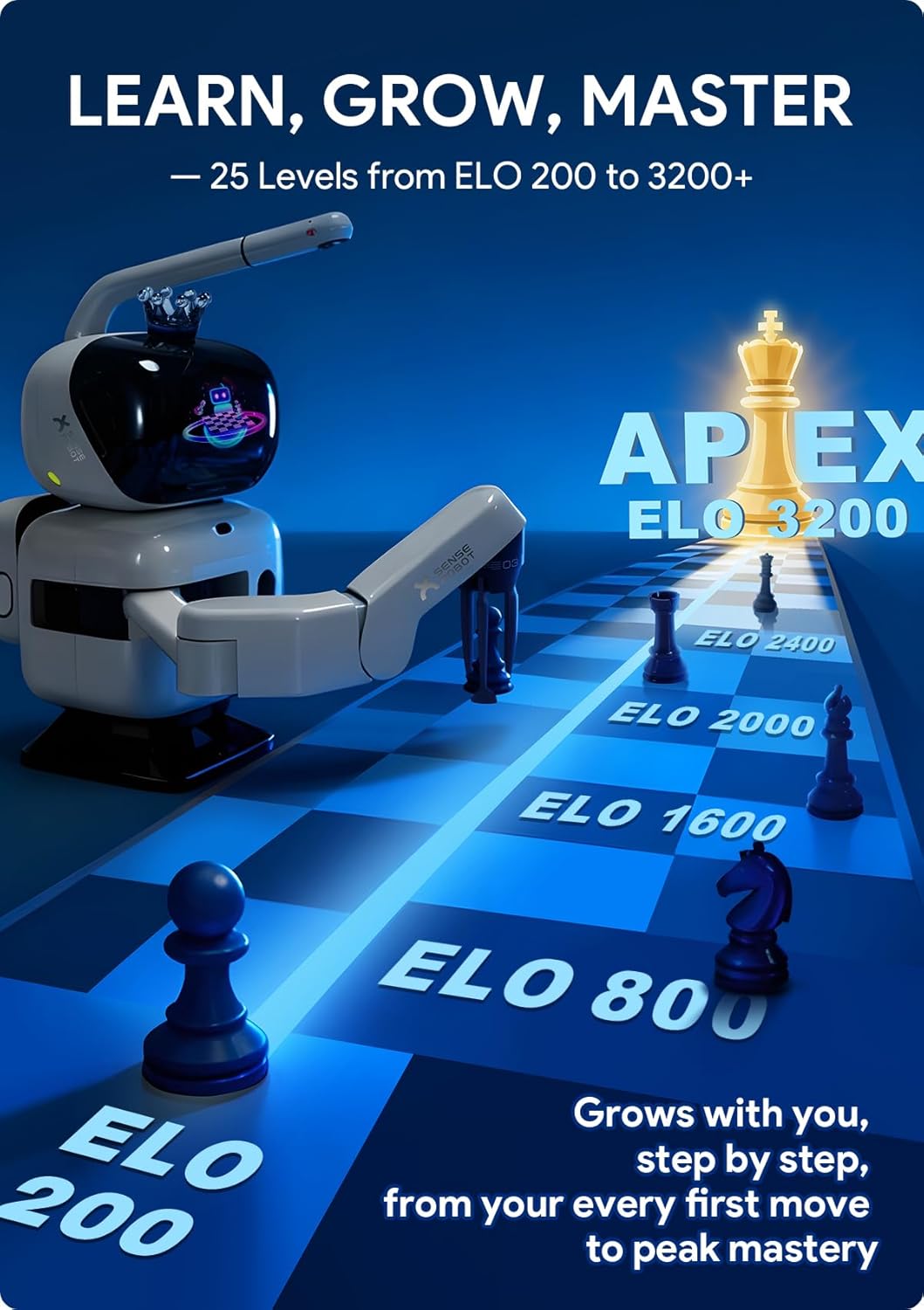 AI Chess Robot with Robotic Arm Electronic Computer Chess Board– 25 AI Levels, 1200+ Exercises, Endgame Trainer, Classic Game Replay, Voice Coaching, Lichess Integration