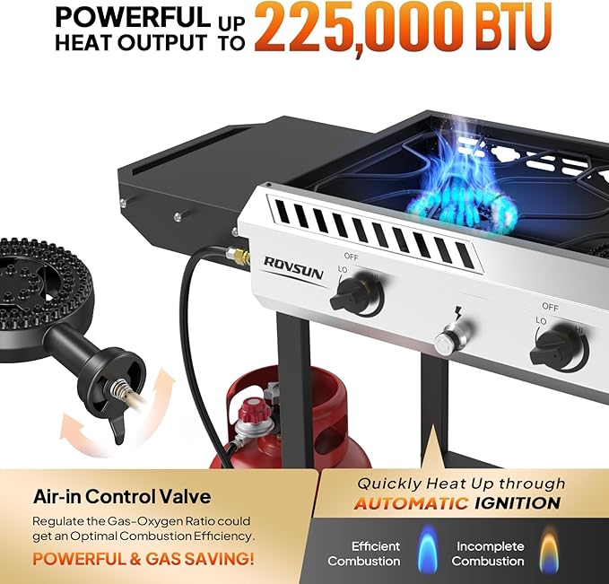 ROVSUN 3 Burner Propane Stove with Auto Ignition, 225,000 BTU Gas Stove with Side Shelves, Rolling Wheels & Regulator for Home Outdoor Backyard Camping Cooking Frying Brewing Canning