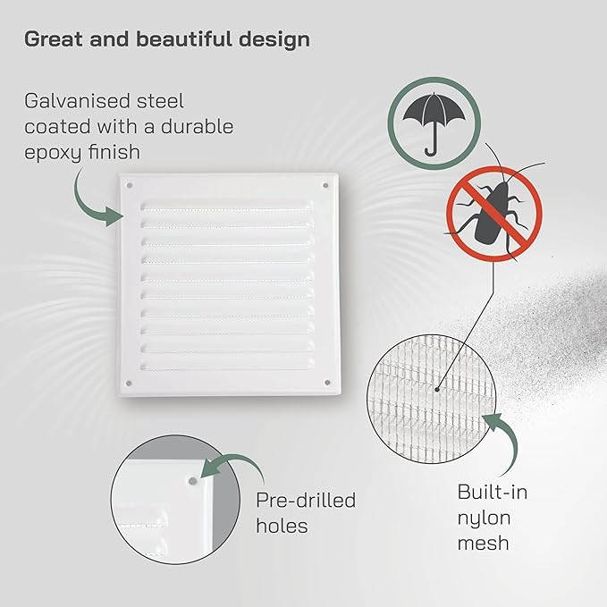 Vent Systems 6 x 6 Inch (Inner) White Vent Cover - Square Metal HVAC Return Air Grille with Mesh Screen - Register Wall Vent Duct Grill - Outdoor, Indoor, Crawlspace - Exhaust Ventilation Grill