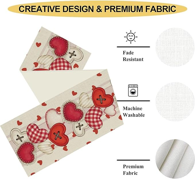 Valentines Day Table Runner,Rustic Red Heart Buttons Runner for Table Seasonal Romantic Decor for Indoor Outdoor Dining Table Decorations, 13"x90"