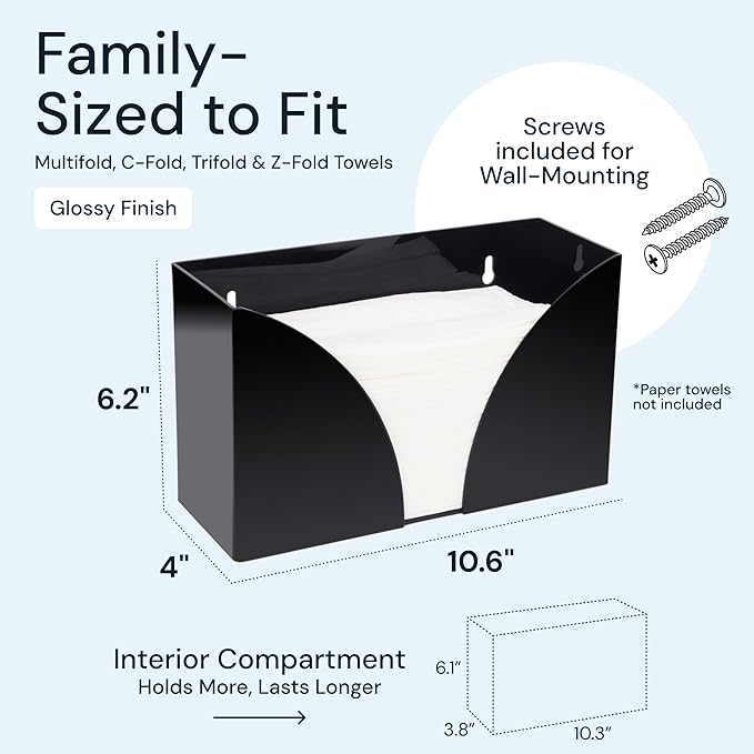 Black Paper Towel Holder Countertop Dispenser - Acrylic Rectangular Hand Towel Tray & Tissue Box Cover - Bathroom Accessories, C-Fold, Z-Fold & Multifold Napkin Organizer & Storage