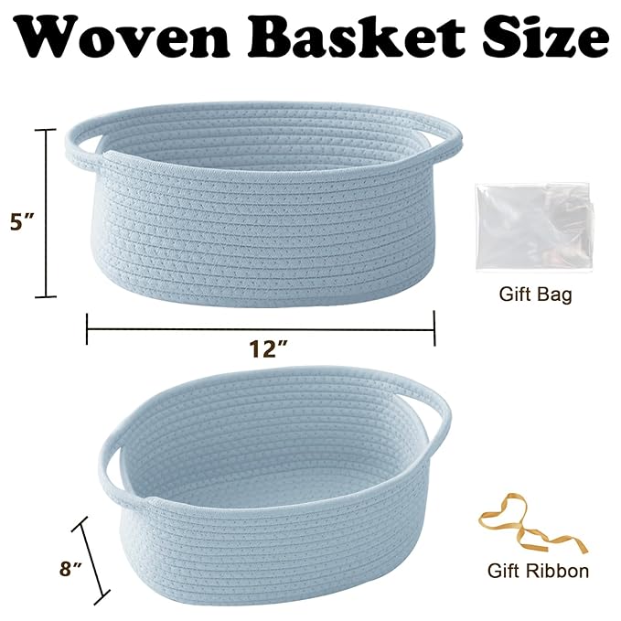 Gift Basket with Gift Bag and Ribbons,Small Rope Woven Shelf Storage,Baskets for Gifts Empty,Birthday,Baby Shower,Decorative Organizer Box with Handles(Blue)