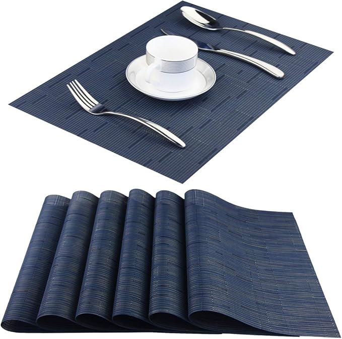 Plastic Placemats,Non Slip Washable Placemats for Dining Table Wipe Clean Table Mats Set of 6(Navy Blue)