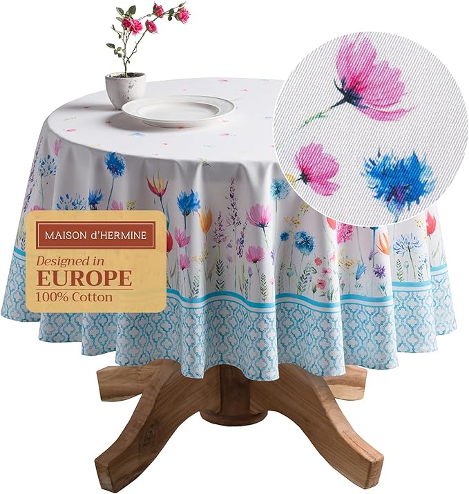 Maison d' Hermine Table Cloth Round Table 100% Cotton 69 Inches Tablecloth Reusable Decorative for Dining Room, Farmhouse, Home, Party, Festive & Wedding Spring Summer - Flower in The Field