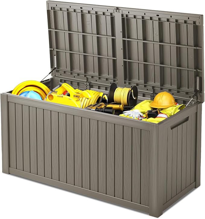 200 Gallon Deck Box, Resin Outdoor Indoor Waterproof Storage Box, Lockable Storage Box With Handle for Patio Furnitures - Garden Tools - Swimming Pool Tools UV Resistant (Grey, 200Gal)