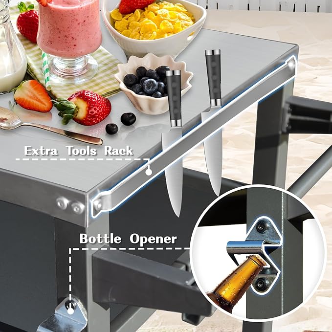 Domi 3-Tier Outdoor BBQ Grill Cart with Lockable Wheels | Portable Pizza Oven Stand & Food Prep Station | Blackstone Griddle with Stainless Steel Tabletop All-Weather Patio Cooking Center