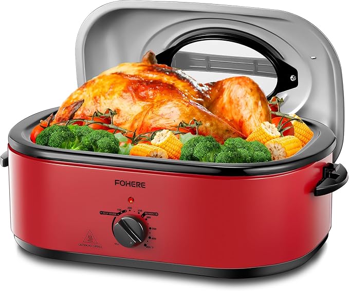 FOHERE 26QT Electric Roaster Oven with Visible & Self-Basting Lid, Large Turkey Roaster with Defrost & Warm Function, Adjustable Temperature Control, Removable Stainless Steel Pan & Rack, Red